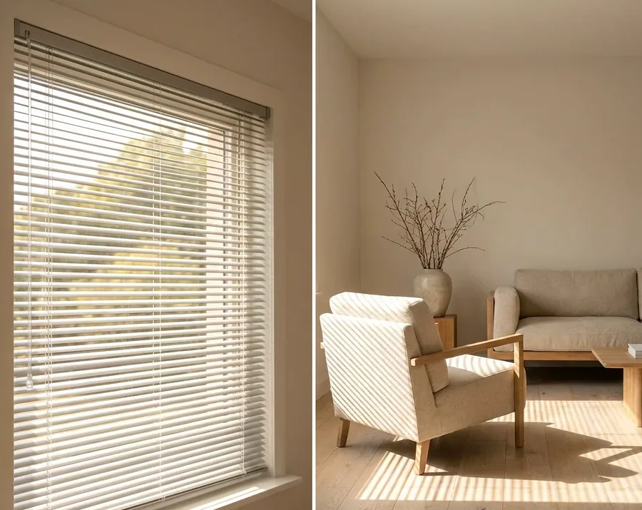 Aluminium venetian blind slats tilted for light control over a kitchen window
