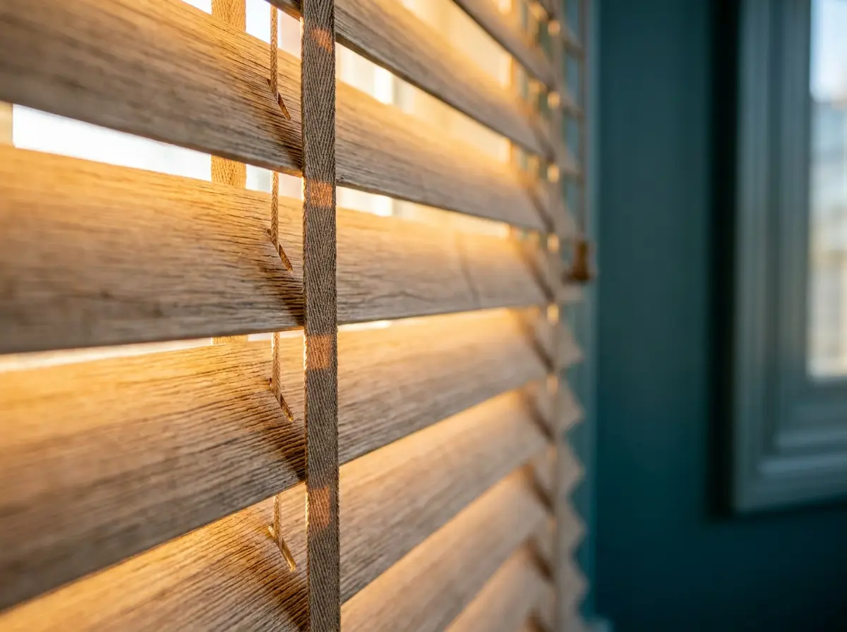 Close-up of timber venetian slats and ladder tape catching late-afternoon light against a teal wall