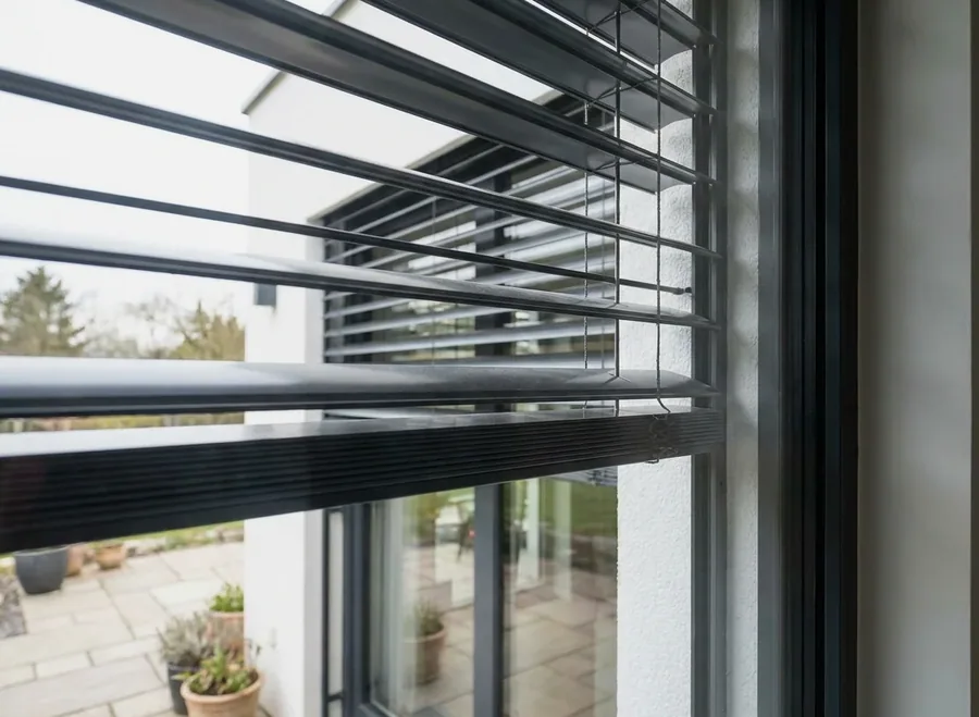 External venetian blind slats mounted outside the glass of a wide window, seen from indoors