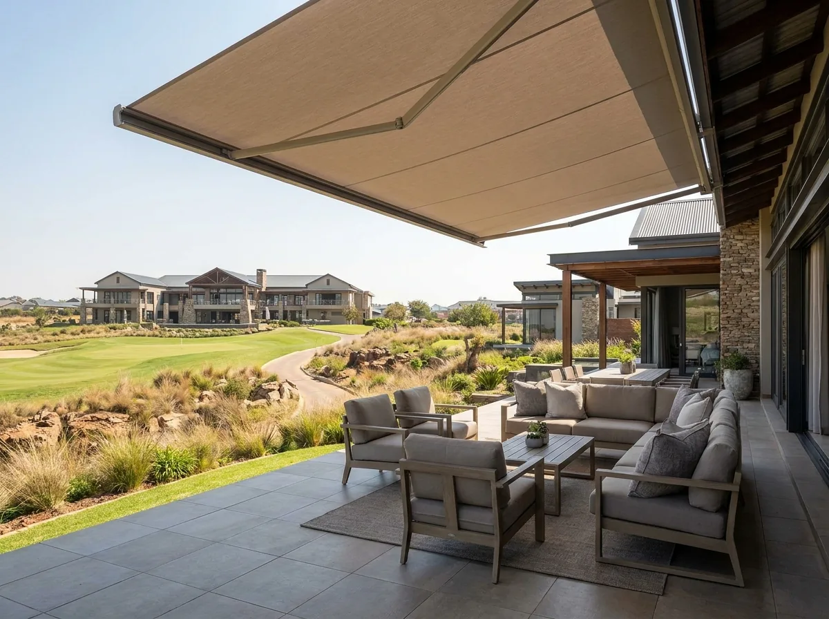 Folding-arm awning extended on articulated arms over an Eagle Canyon patio, no posts on the paving, with the golf fairway and clubhouse visible in the distance