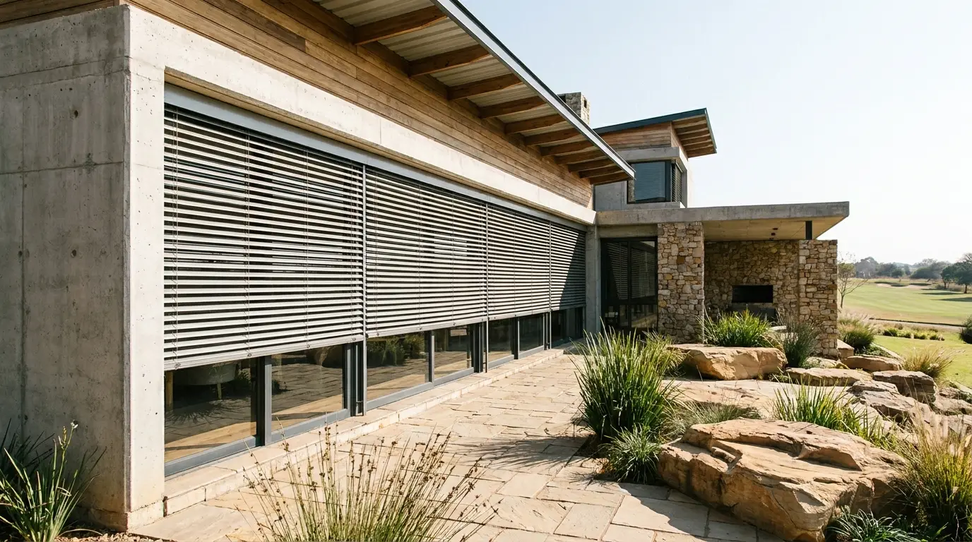 Wide exterior view of a contemporary Eagle Canyon home with external venetian blinds lowered across a run of windows, fairway in the distance