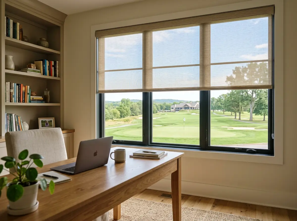 Sunscreen roller blind partially lowered in a home office, the fairway visible through the weave in soft morning light