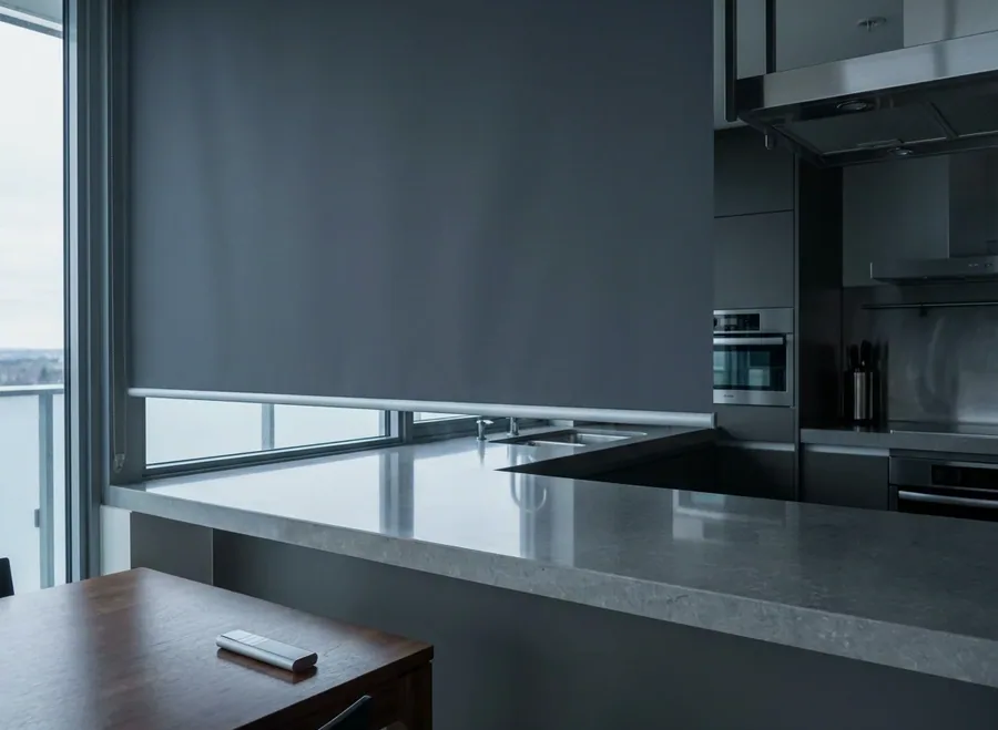 Motorised roller blind lowered over a wide window, remote control on the side table