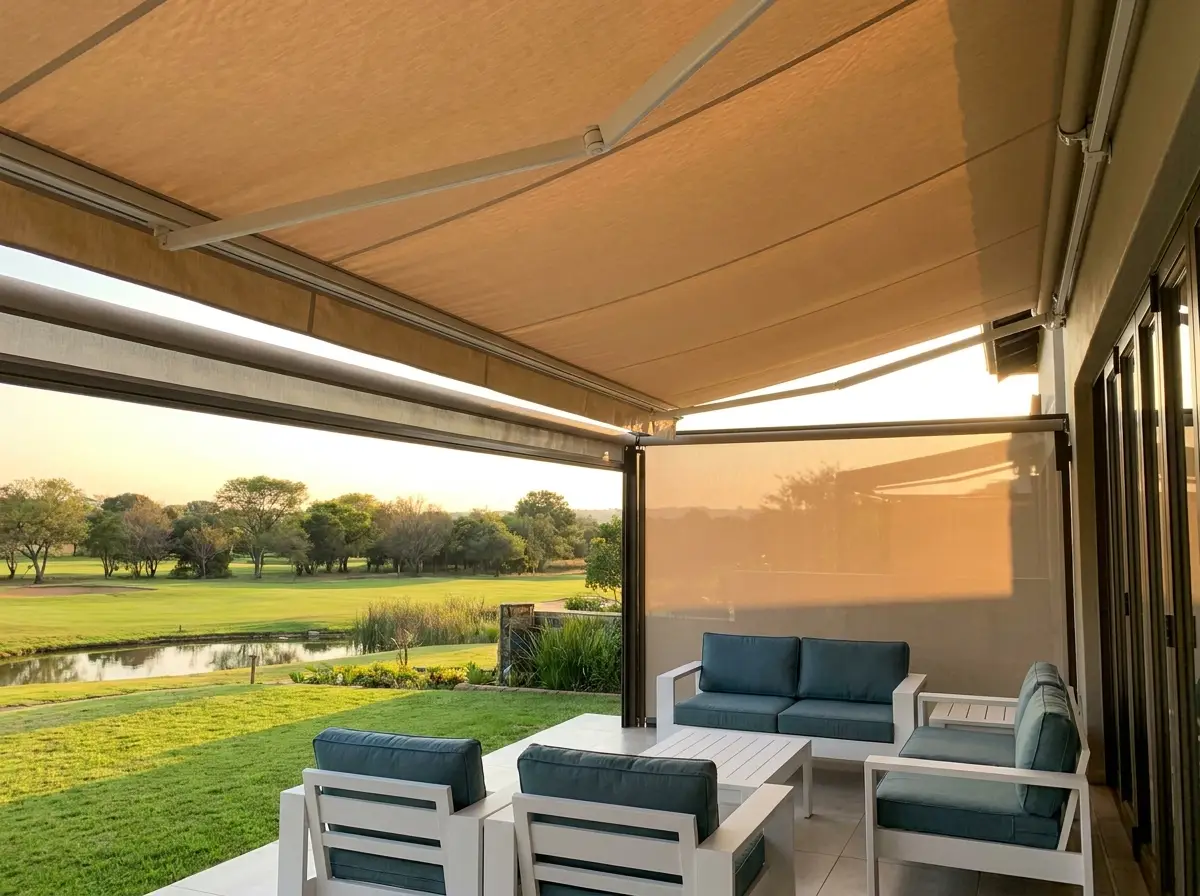 Outdoor patio awning shading a golf estate entertainment area in Eagle Canyon