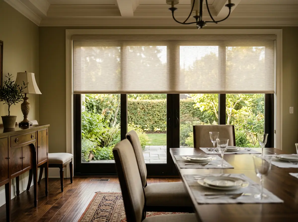 Sunscreen roller blind partially lowered over wide sliding doors in a dining room, the garden still visible through the weave