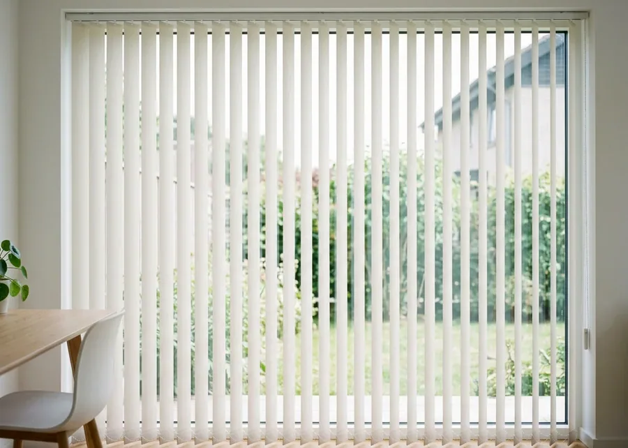 White vertical blind vanes hanging across a wide glass sliding door